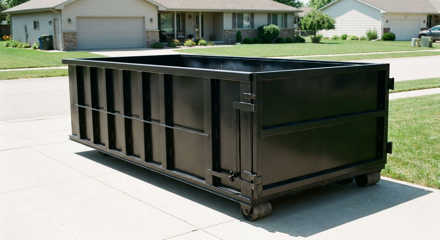 Matte-black 10-yard roll-off dumpster on a residential concrete driveway in Roswell, uniformly painted matte black across every panel and rail, ribbed steel sidewalls and rear swing door visible, mid-day daylight.