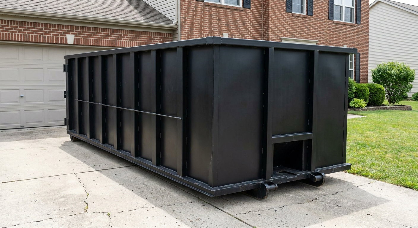 Matte-black 20-yard roll-off container on a Roswell residential concrete driveway with reinforced ribbed steel sidewalls and a hinged rear walk-in door, clean bright daylight.