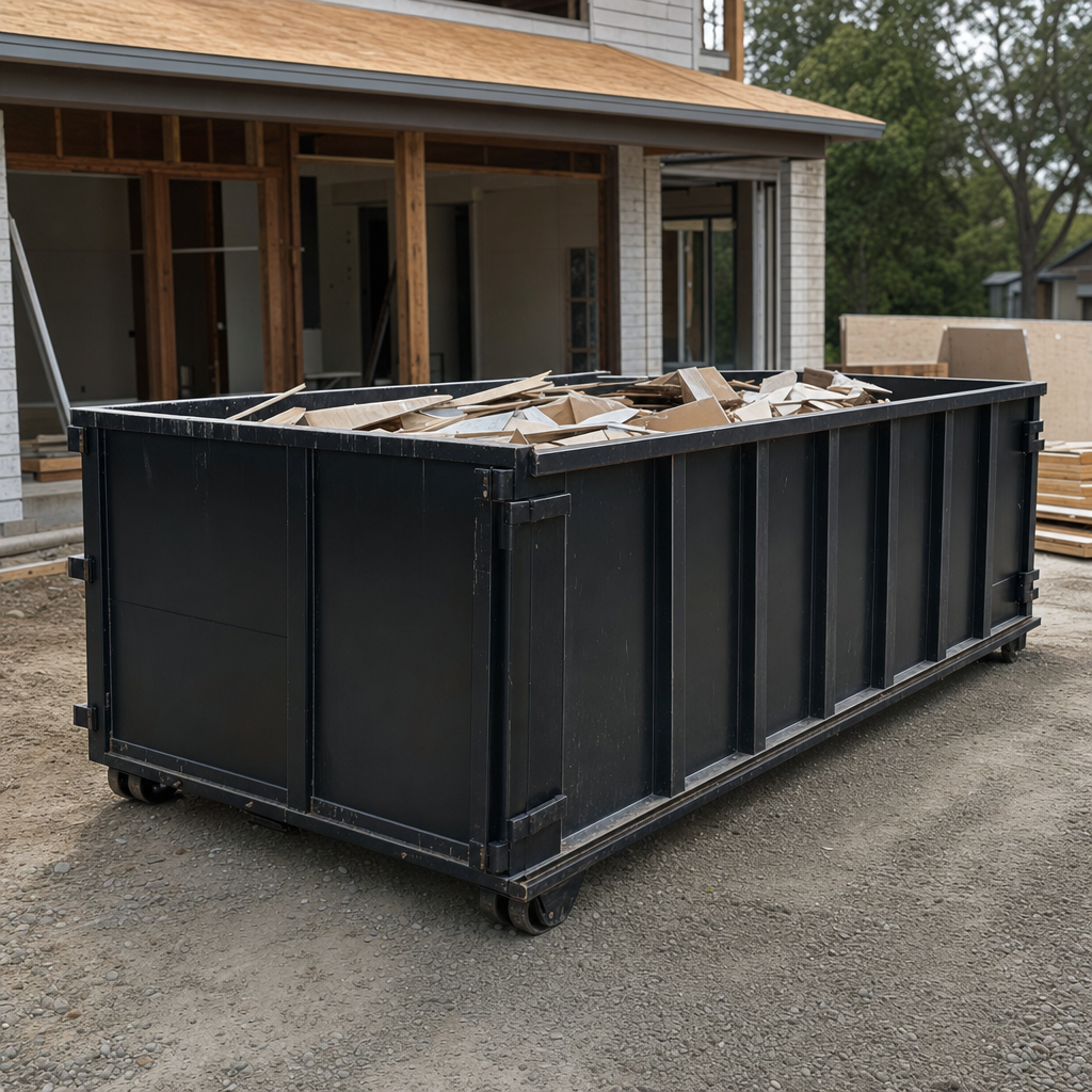Large matte-black 30-yard construction roll-off dumpster at an active Roswell jobsite, steel-gray top rails and bottom rollers visible, loaded with construction debris.