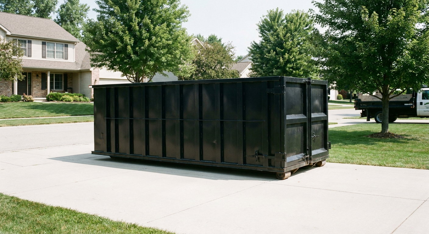 Matte-black 20-yard roll-off dumpster sitting level on a clean Roswell residential concrete driveway under bright daylight, demonstrating clean placement directly on the concrete.