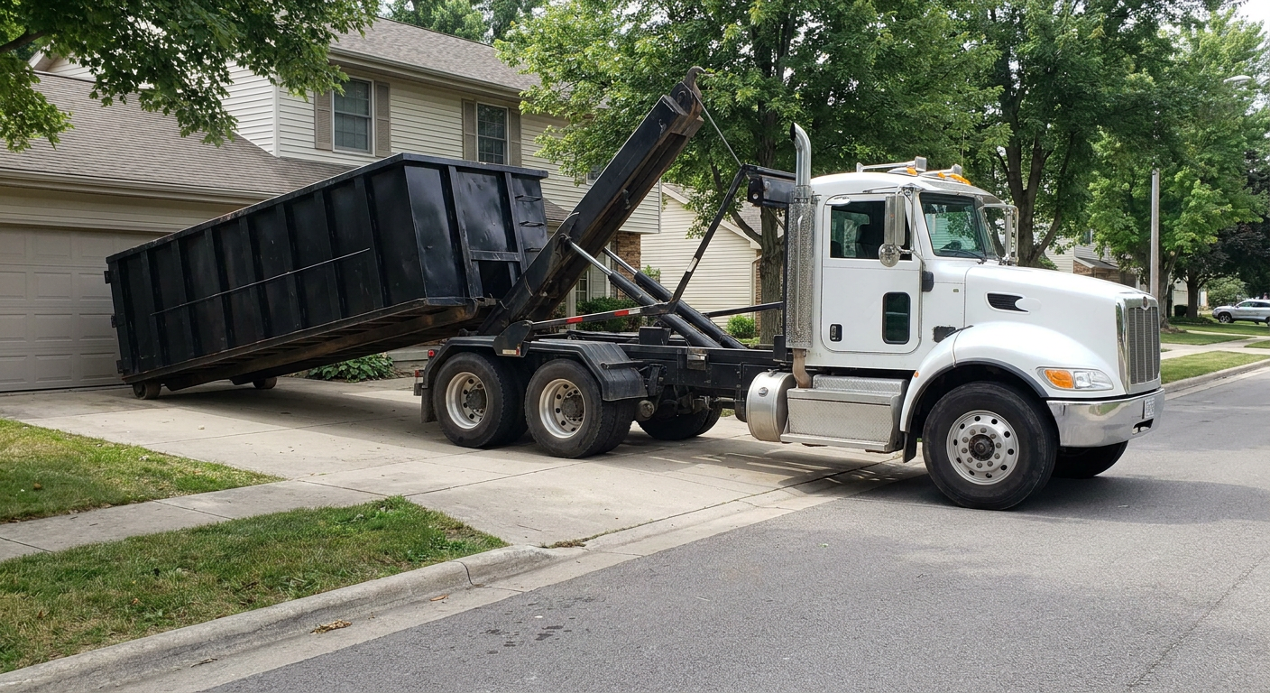 White-cab hooklift roll-off truck actively lowering a matte-black dumpster onto a Roswell residential concrete driveway, the dumpster's rear wheels touching the driveway as the hoist arm tilts the bed forward, mid-morning daylight.