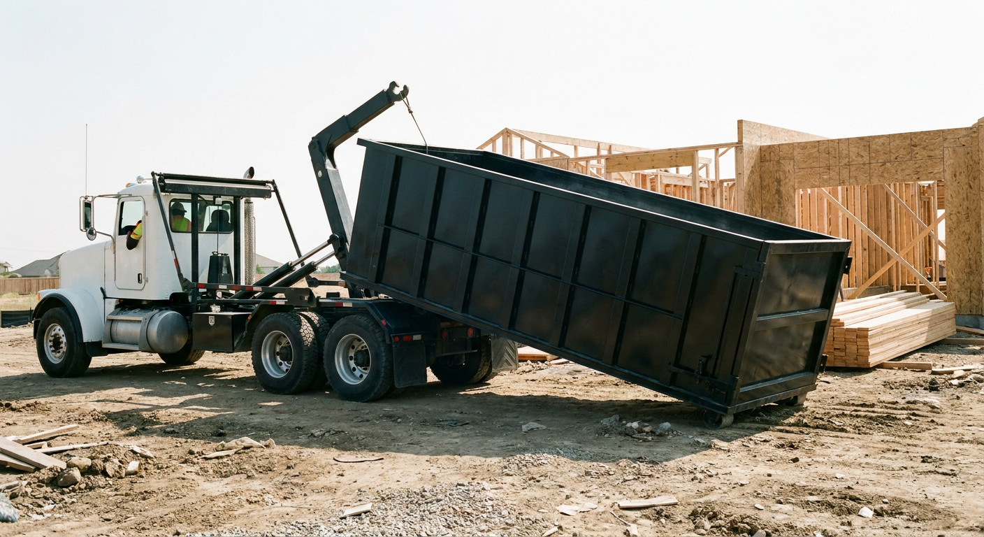 Matte-black roll-off dumpster being delivered onto a clean residential concrete driveway in Roswell by an unmarked white hooklift hauler truck, bright morning daylight, documentary 35mm perspective.